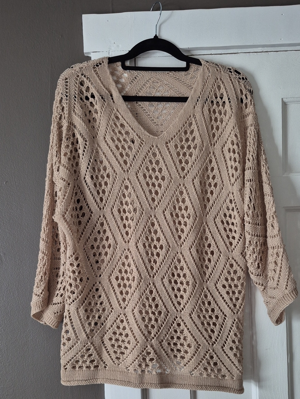 Women’s Open-Knit V-Neck Sweater in Beige